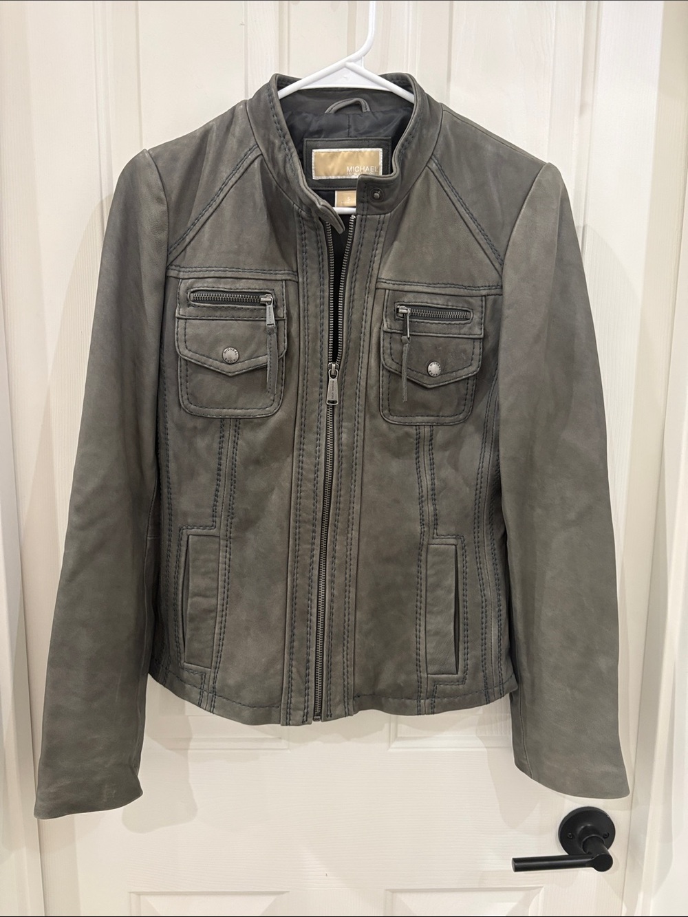 Michael Kors Gray Genuine Leather Moto Jacket Small fitted